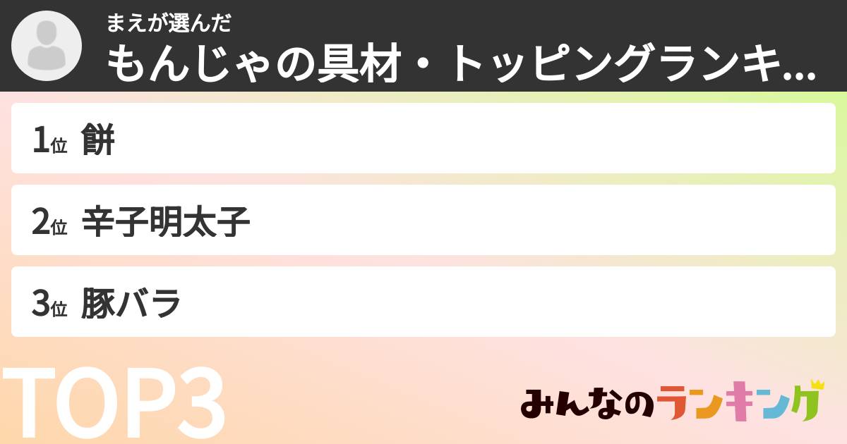 まえさんの「もんじゃの具材・トッピングランキング」