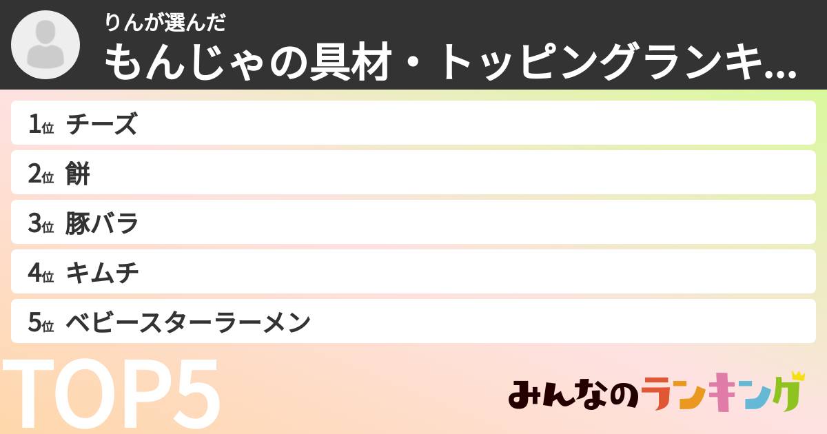 りんさんの「もんじゃの具材・トッピングランキング」
