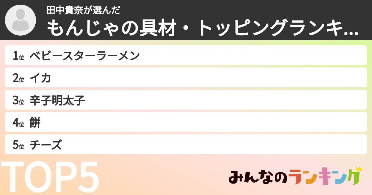 田中貴奈さんの「もんじゃの具材・トッピングランキング」
