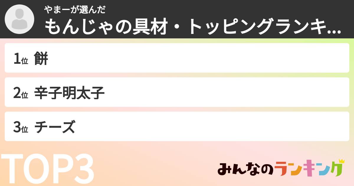 やまーさんの「もんじゃの具材・トッピングランキング」