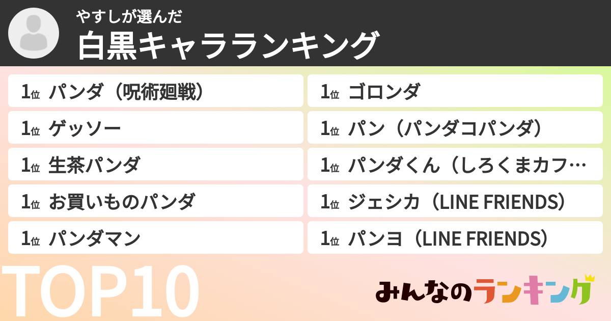 やすしさんの「白黒キャラランキング」