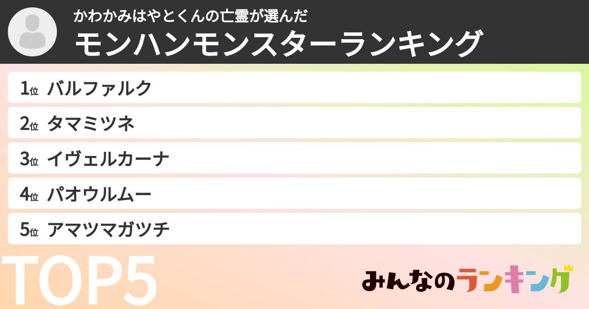 かわかみはやとくんの亡霊さんの「モンハンモンスターランキング」