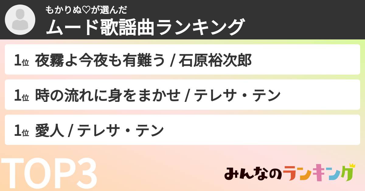 もかりぬ♡さんの「ムード歌謡曲ランキング」