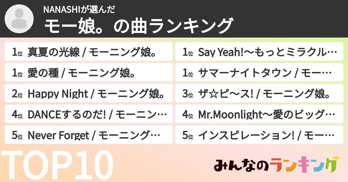 NANASHIさんの「モー娘。の曲ランキング」