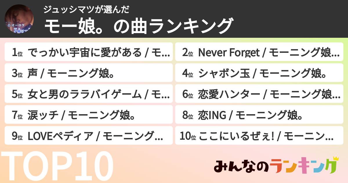 ジュッシマツさんの「モー娘。の曲ランキング」