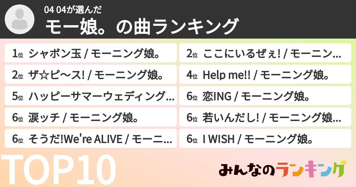 04 04さんの「モー娘。の曲ランキング」
