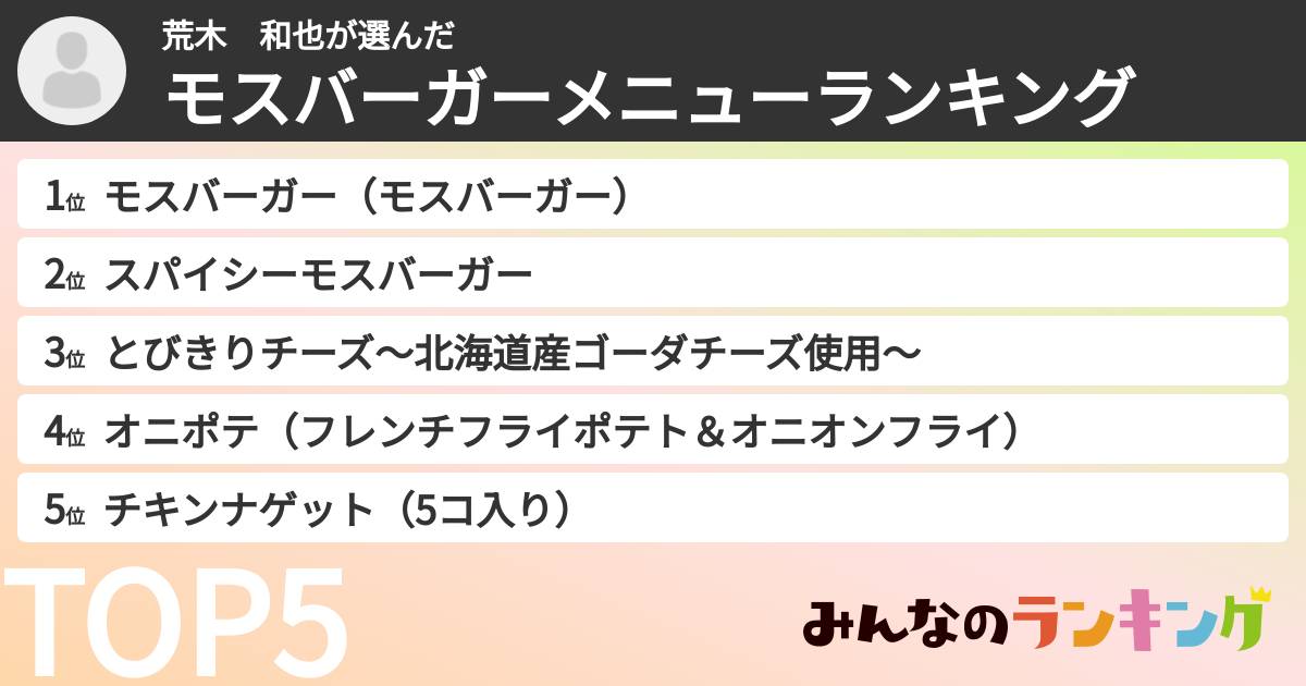 荒木　和也さんの「モスバーガーメニューランキング」