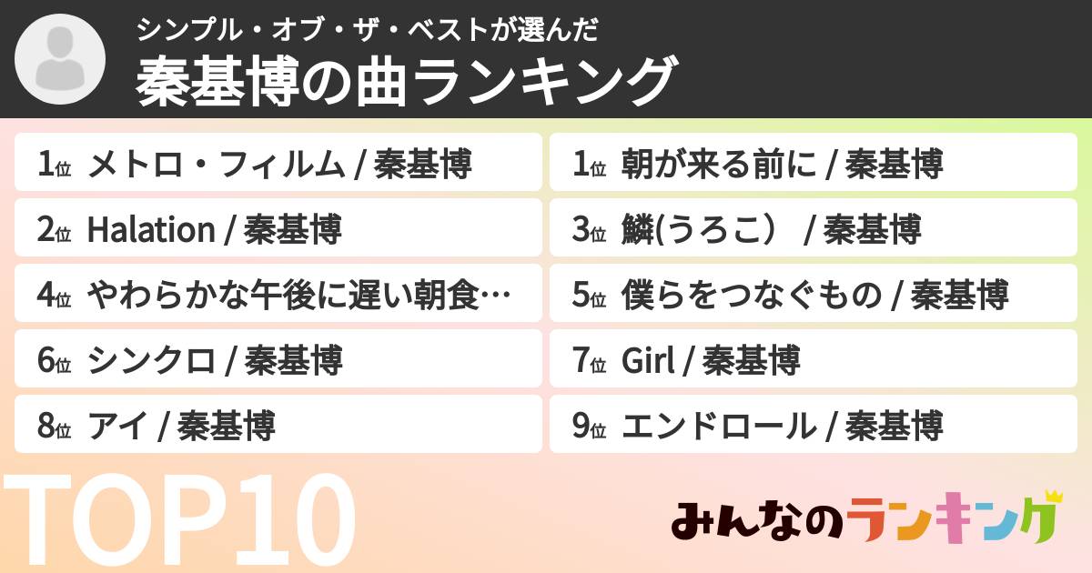 シンプル・オブ・ザ・ベストさんの「秦基博の曲ランキング」