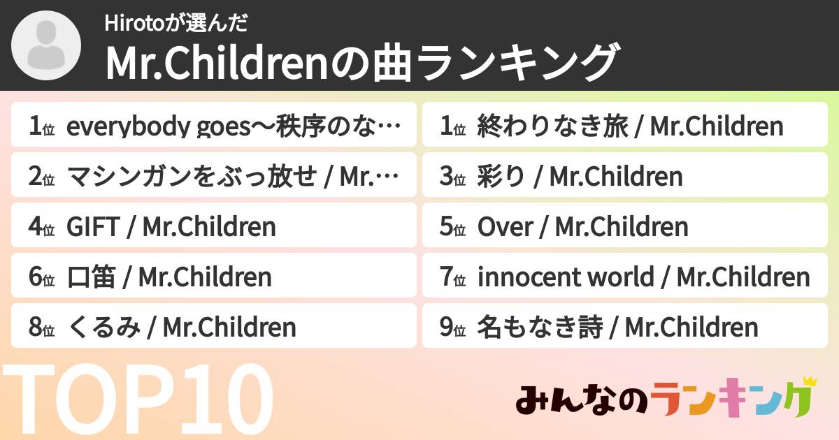 Hirotoさんの「Mr.Childrenの曲ランキング」