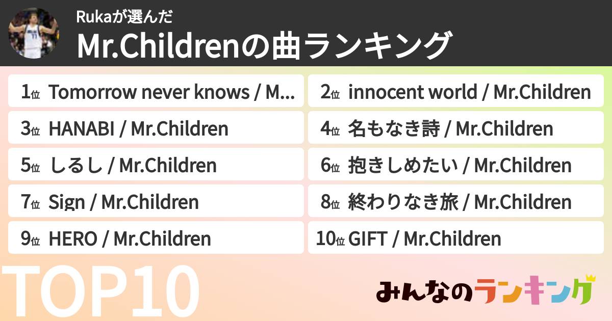 Rukaさんの「Mr.Childrenの曲ランキング」
