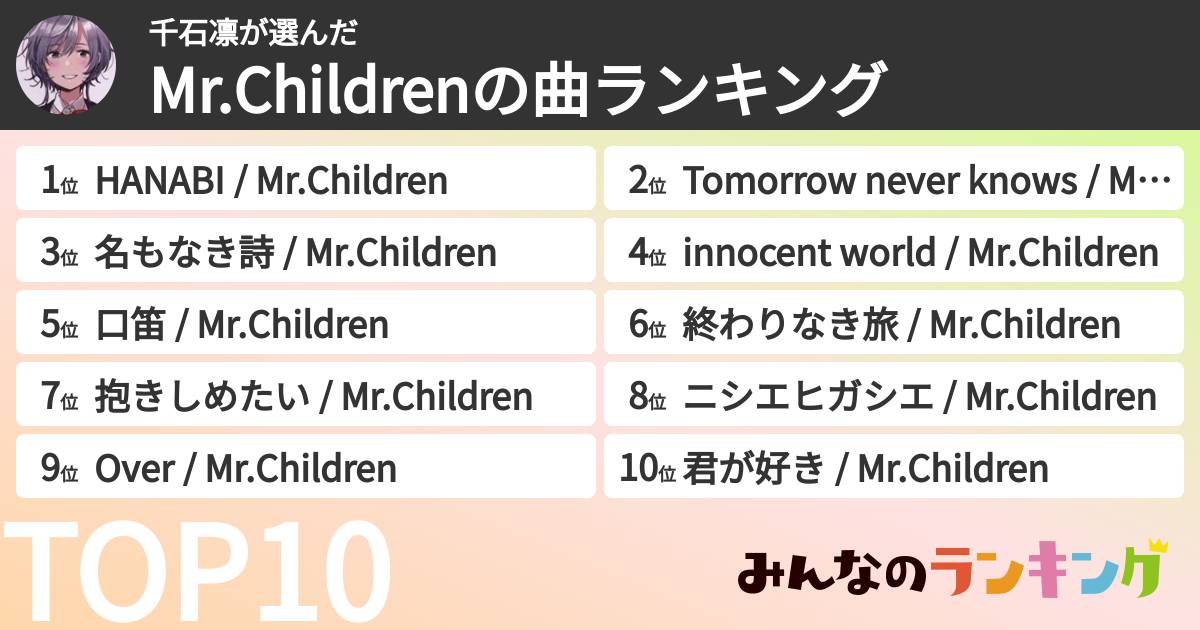 千石凛さんの「Mr.Childrenの曲ランキング」