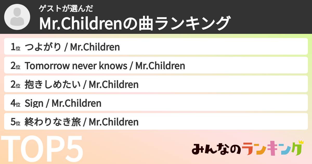 ゲストさんの「Mr.Childrenの曲ランキング」