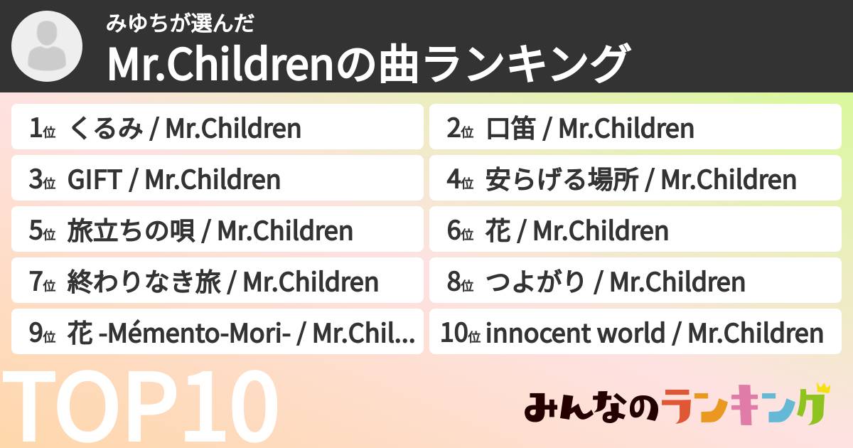 みゆちさんの「Mr.Childrenの曲ランキング」