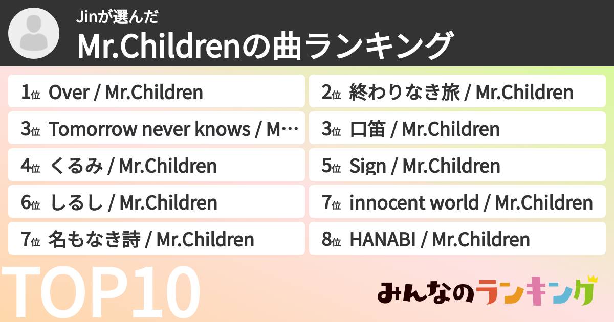 Jinさんの「Mr.Childrenの曲ランキング」