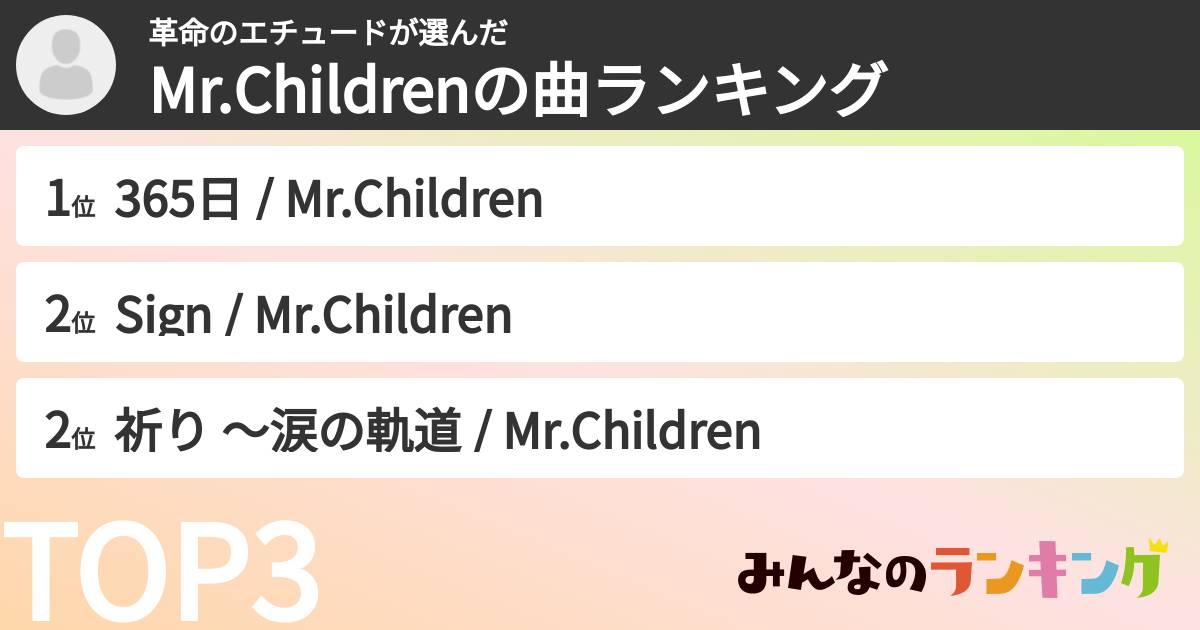 革命のエチュードさんの「Mr.Childrenの曲ランキング」