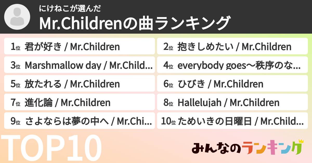 にけねこさんの「Mr.Childrenの曲ランキング」