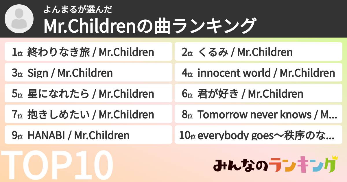 よんまるさんの「Mr.Childrenの曲ランキング」