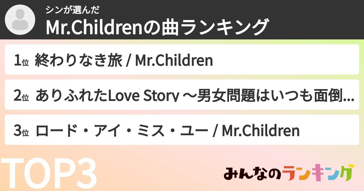 シンさんの「Mr.Childrenの曲ランキング」