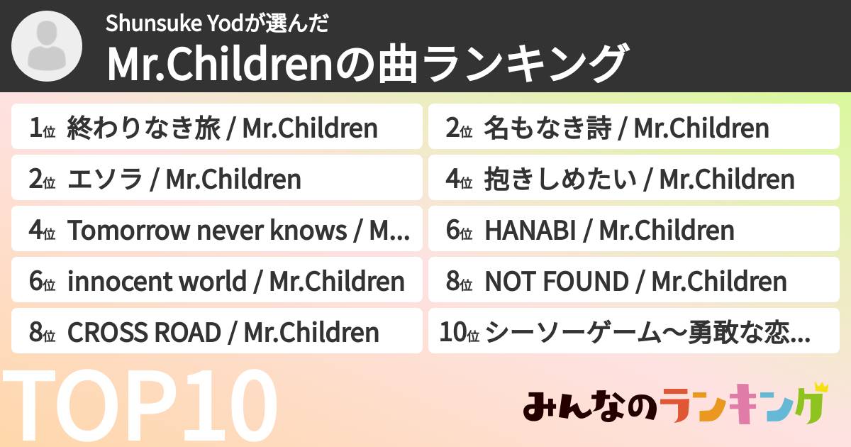 Shunsuke Yodさんの「Mr.Childrenの曲ランキング」