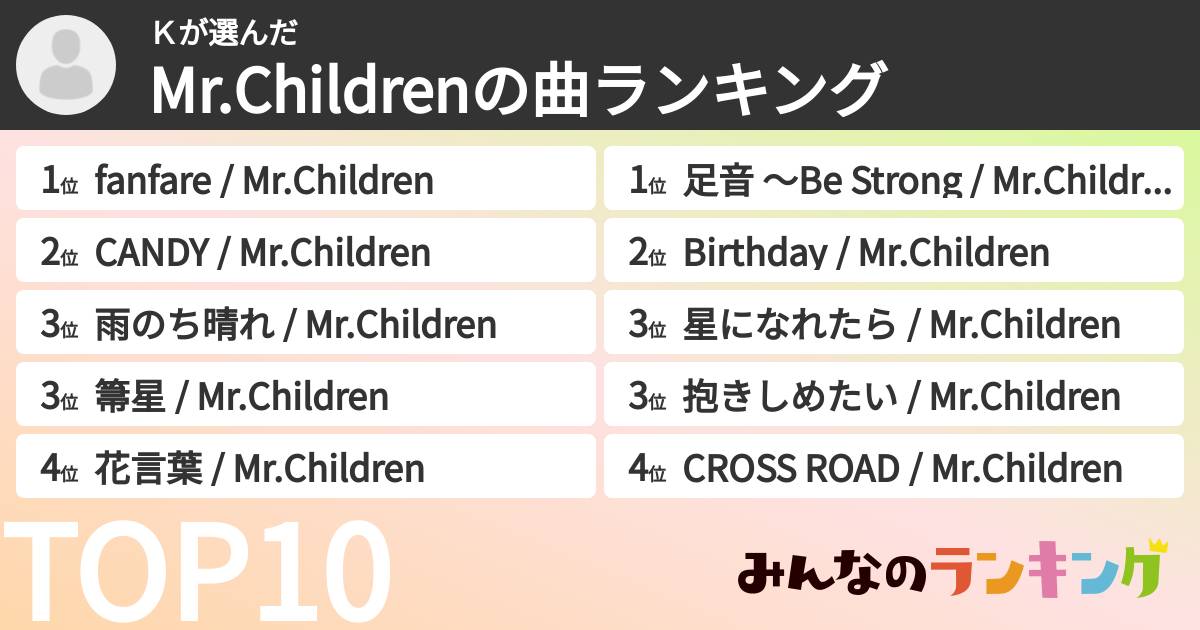 Kさんの「Mr.Childrenの曲ランキング」