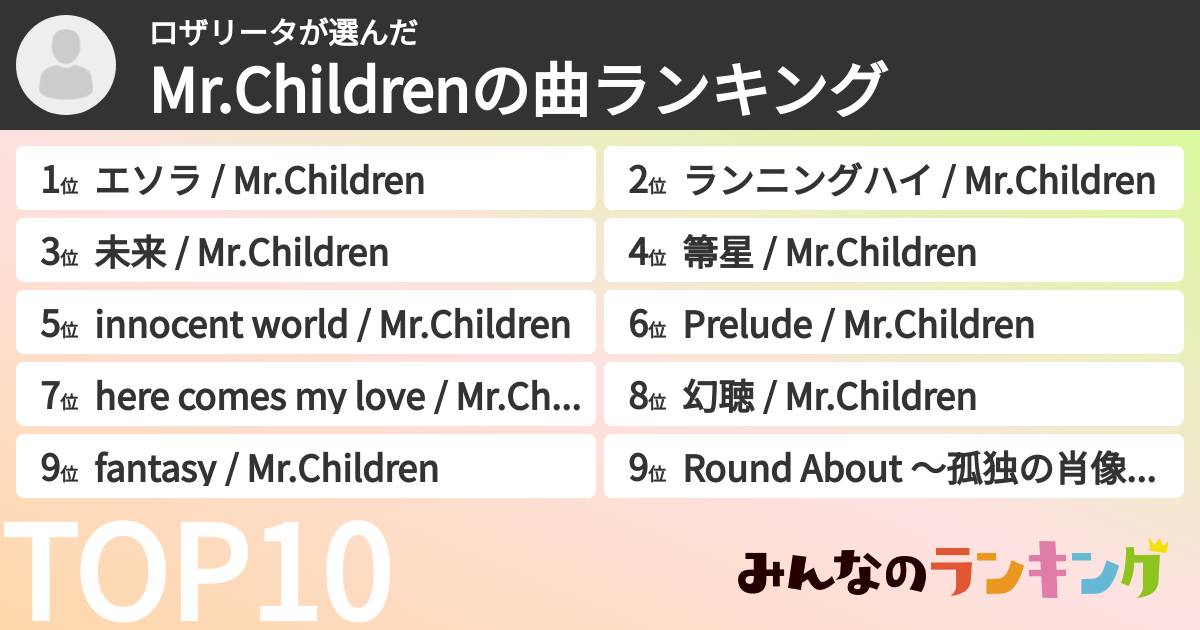 ロザリータさんの「Mr.Childrenの曲ランキング」