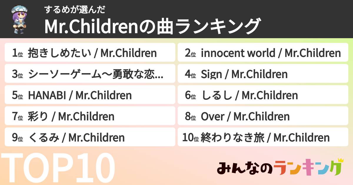 するめさんの「Mr.Childrenの曲ランキング」