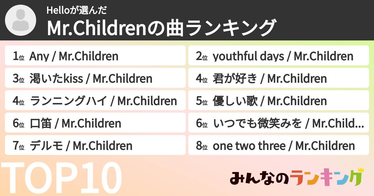 Helloさんの「Mr.Childrenの曲ランキング」