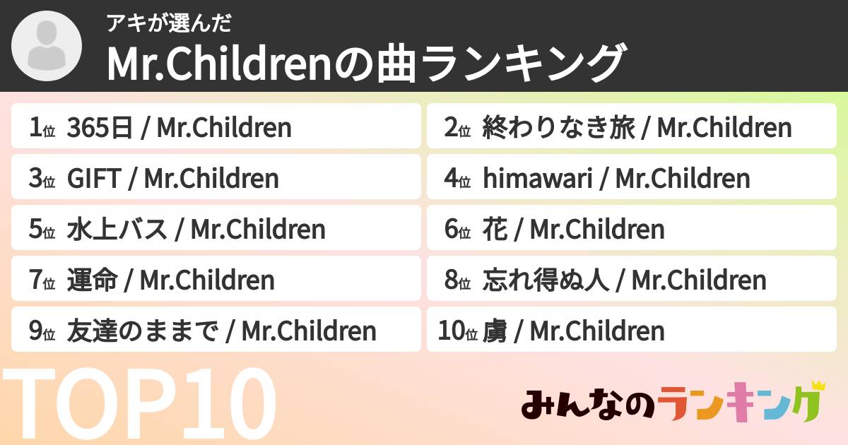 アキさんの「Mr.Childrenの曲ランキング」