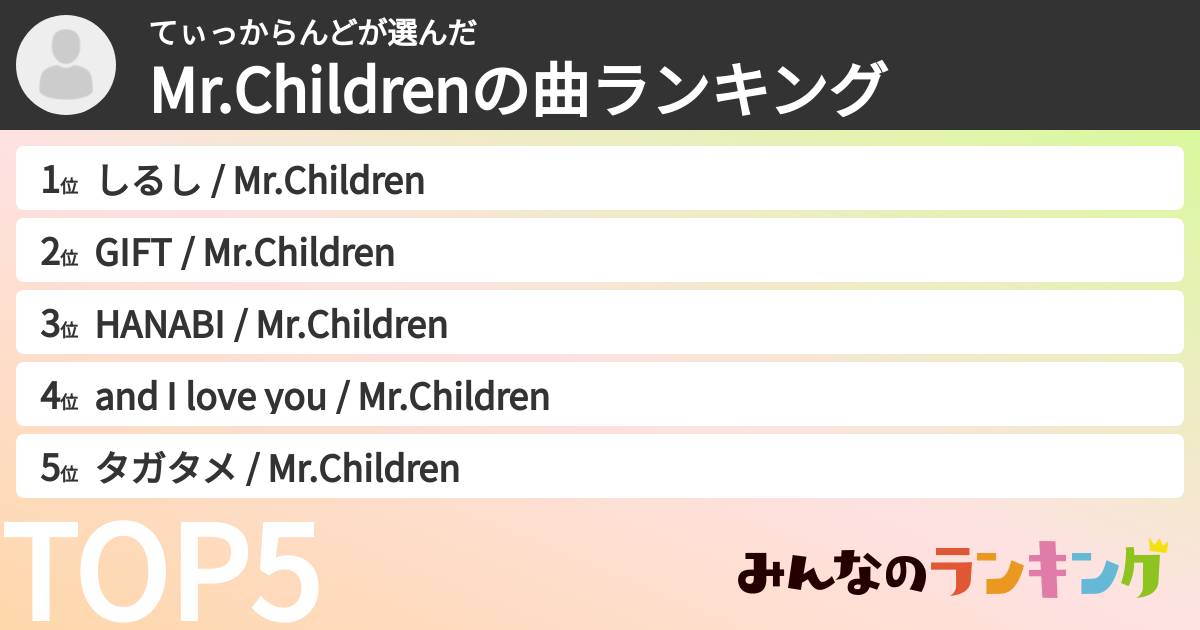 てぃっからんどさんの「Mr.Childrenの曲ランキング」