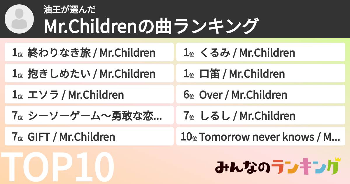 油王さんの「Mr.Childrenの曲ランキング」