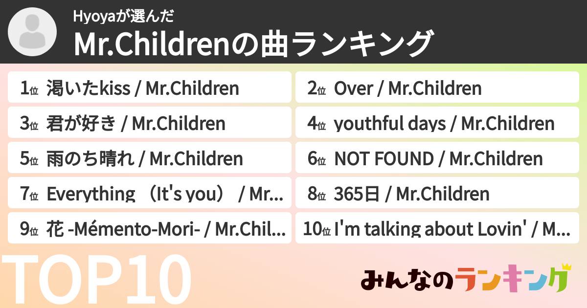 Hyoyaさんの「Mr.Childrenの曲ランキング」