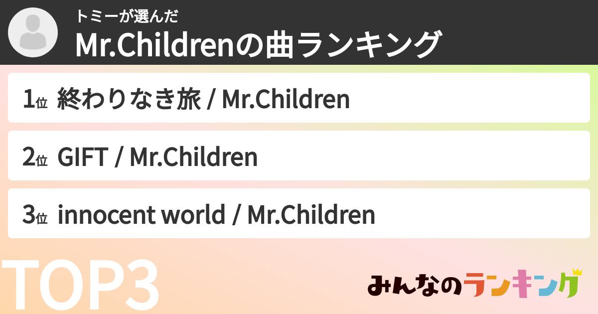 トミーさんの「Mr.Childrenの曲ランキング」