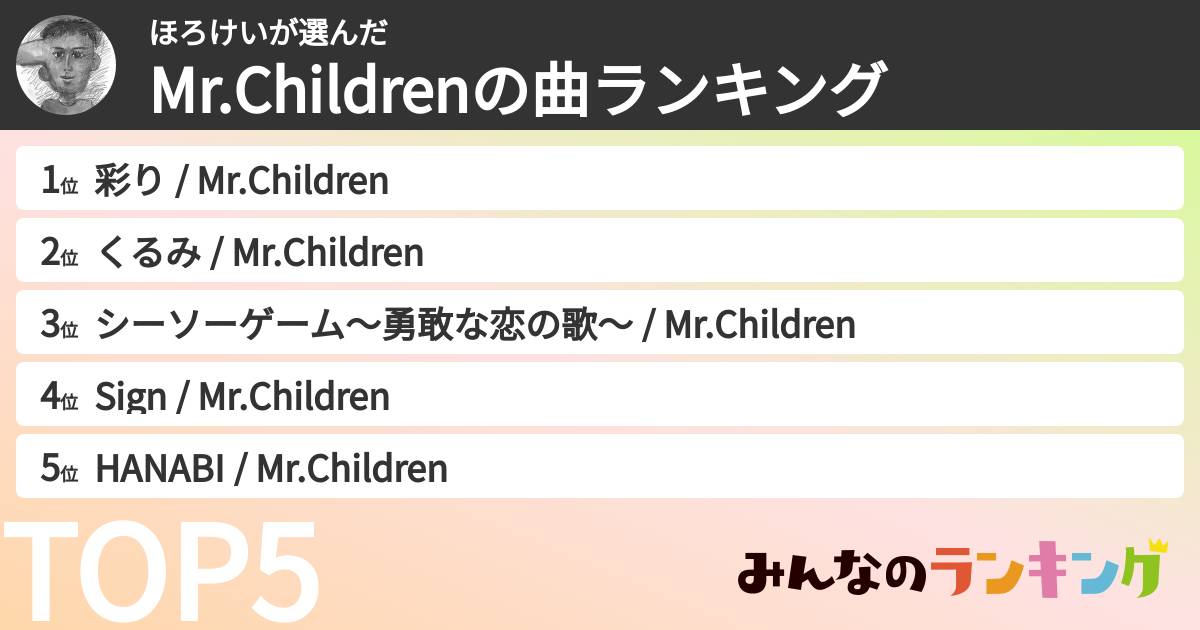 ほろけいさんの「Mr.Childrenの曲ランキング」