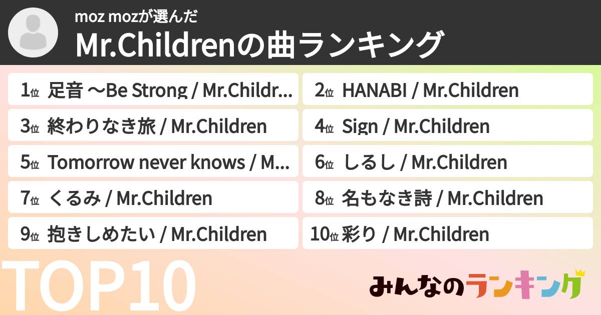 moz mozさんの「Mr.Childrenの曲ランキング」