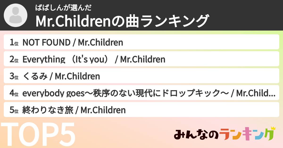 ばばしんさんの「Mr.Childrenの曲ランキング」