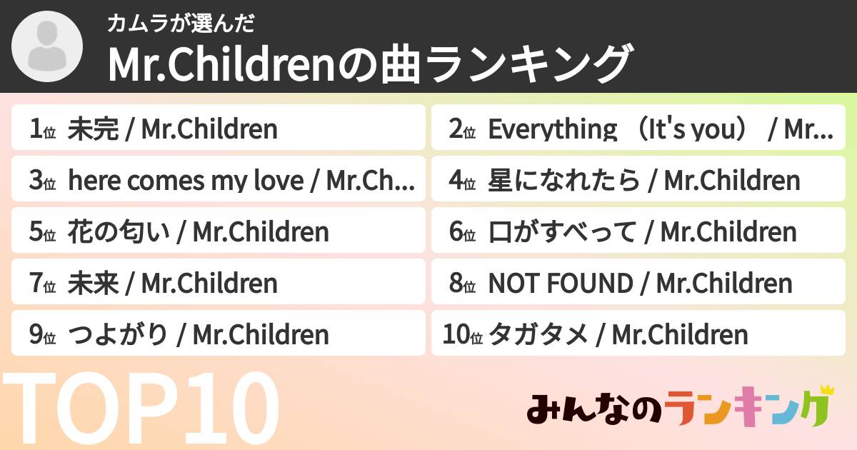 カムラさんの「Mr.Childrenの曲ランキング」