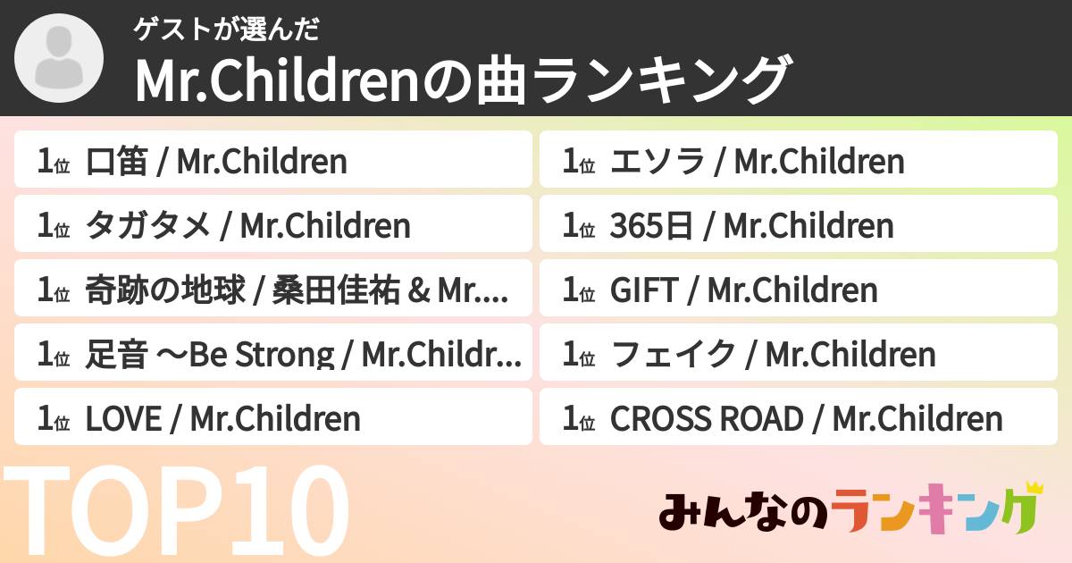 ゲストさんの「Mr.Childrenの曲ランキング」