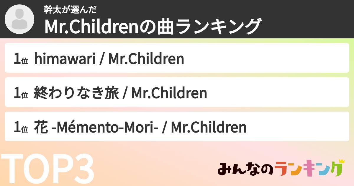 幹太さんの「Mr.Childrenの曲ランキング」