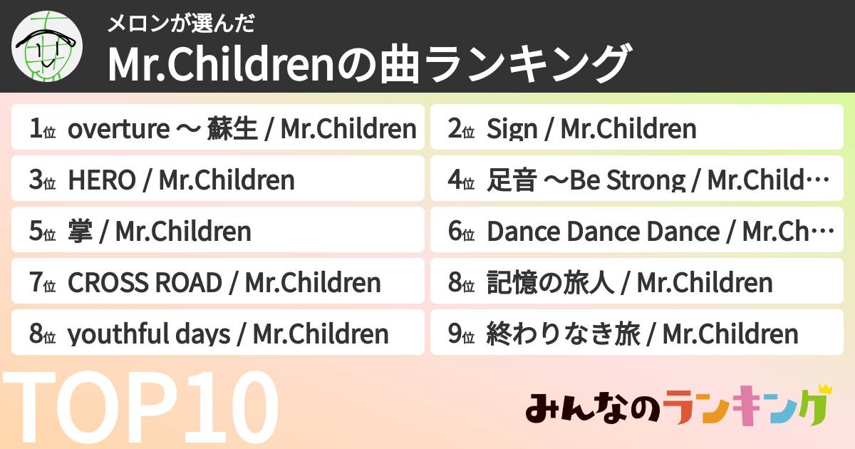 メロンさんの「Mr.Childrenの曲ランキング」