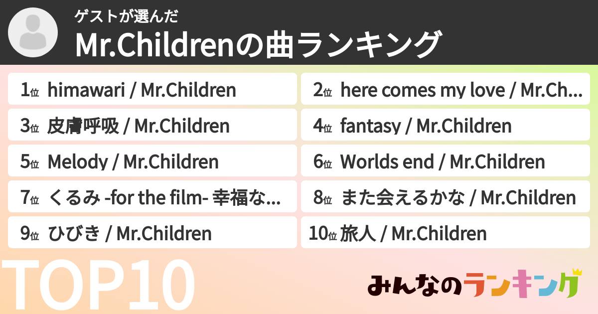 ゲストさんの「Mr.Childrenの曲ランキング」