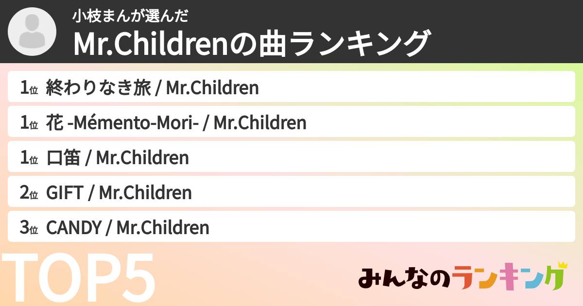 小枝まんさんの「Mr.Childrenの曲ランキング」