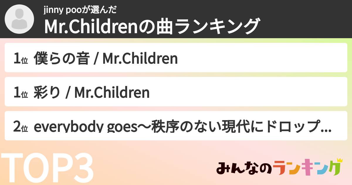 jinny pooさんの「Mr.Childrenの曲ランキング」