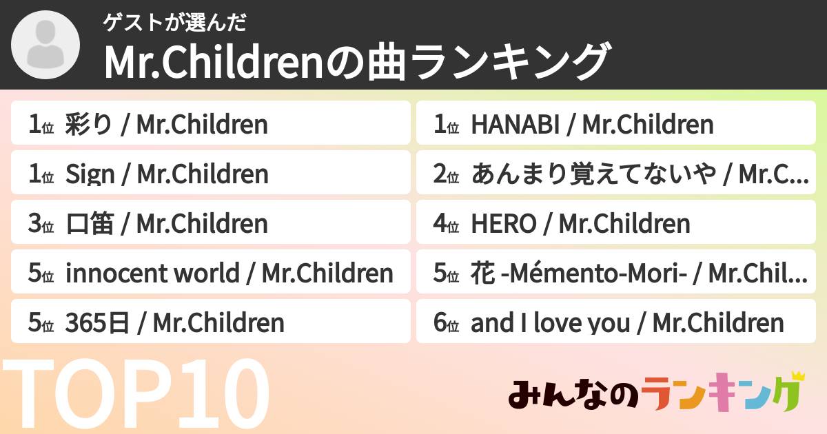 ゲストさんの「Mr.Childrenの曲ランキング」