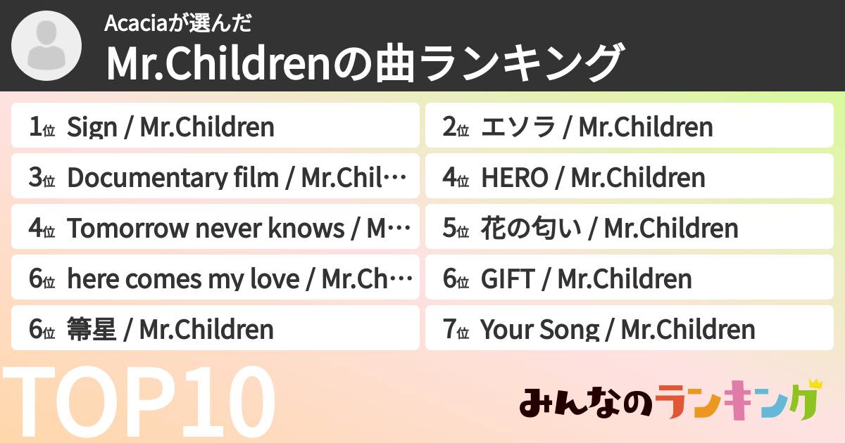 Acaciaさんの「Mr.Childrenの曲ランキング」