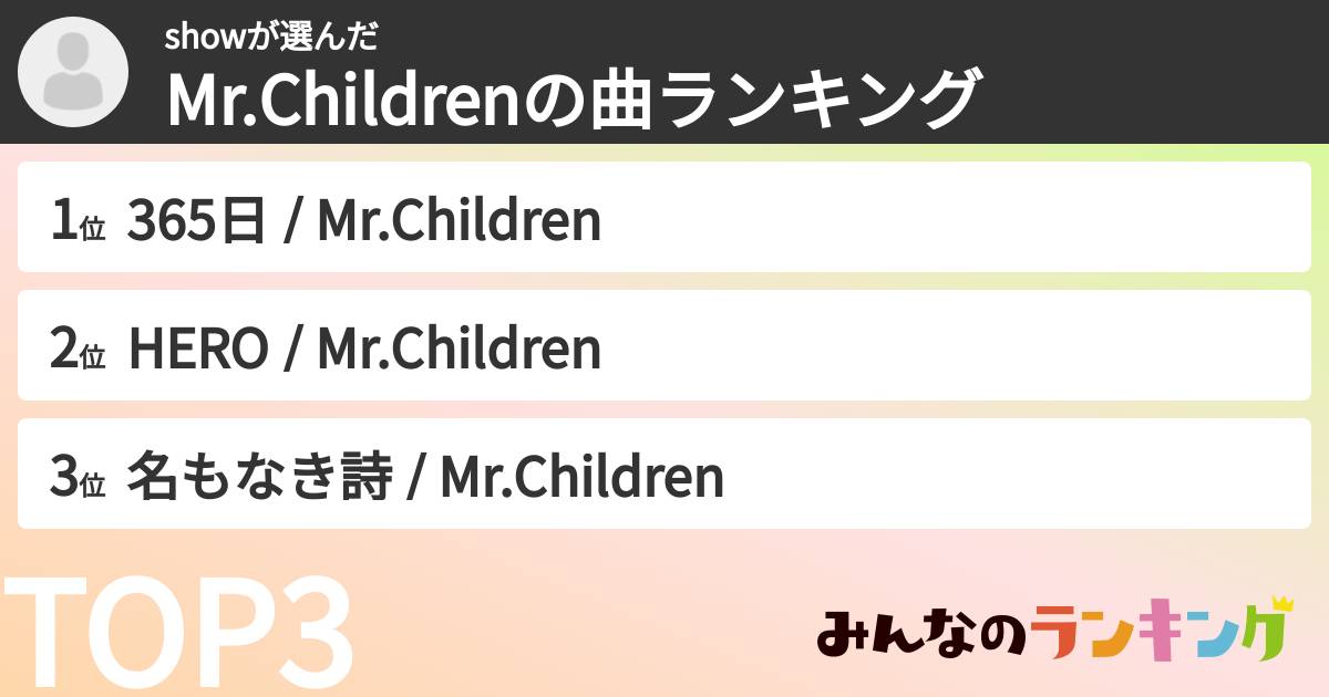 showさんの「Mr.Childrenの曲ランキング」