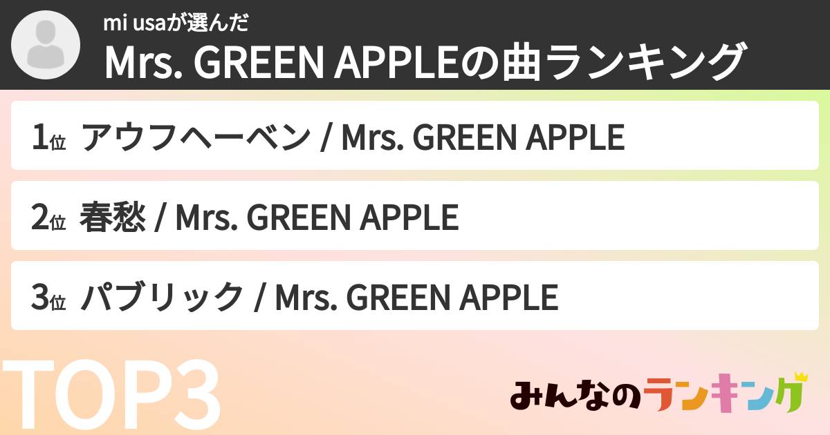 mi usaさんの「Mrs. GREEN APPLEの曲ランキング」