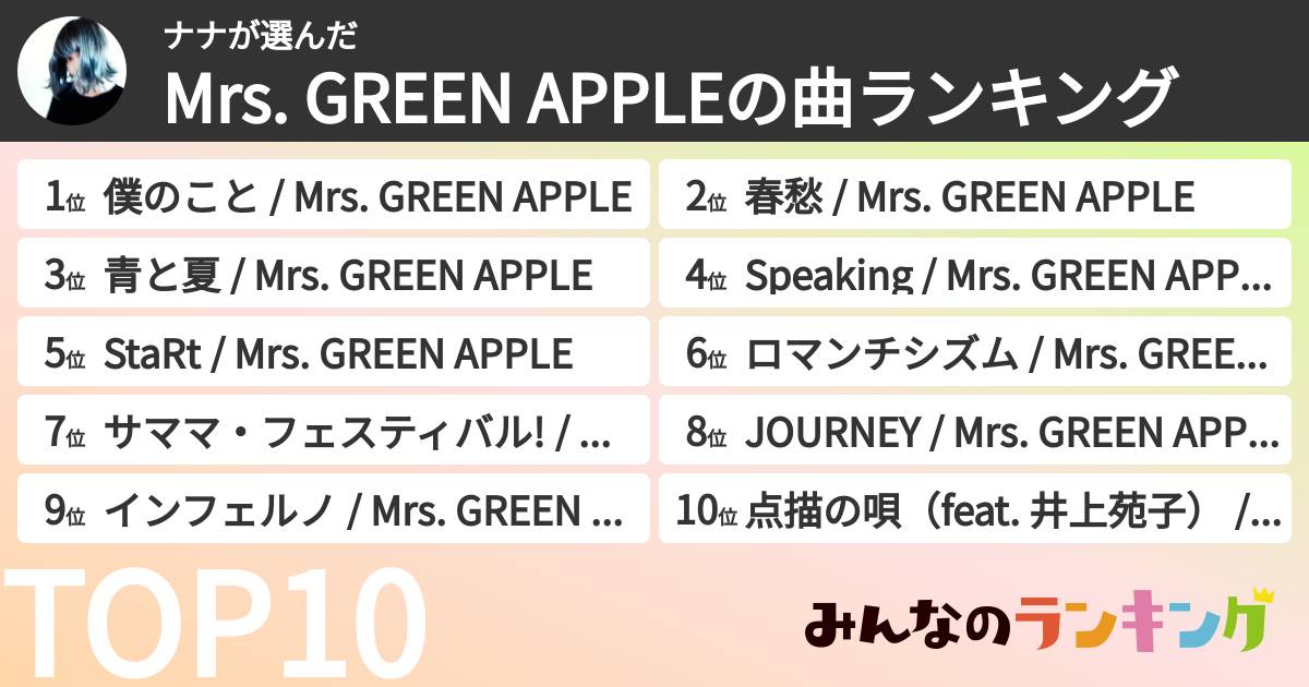 ナナさんの「Mrs. GREEN APPLEの曲ランキング」