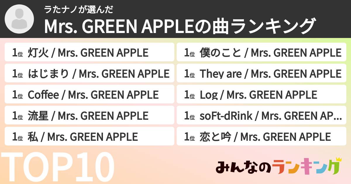 ラたナノさんの「Mrs. GREEN APPLEの曲ランキング」