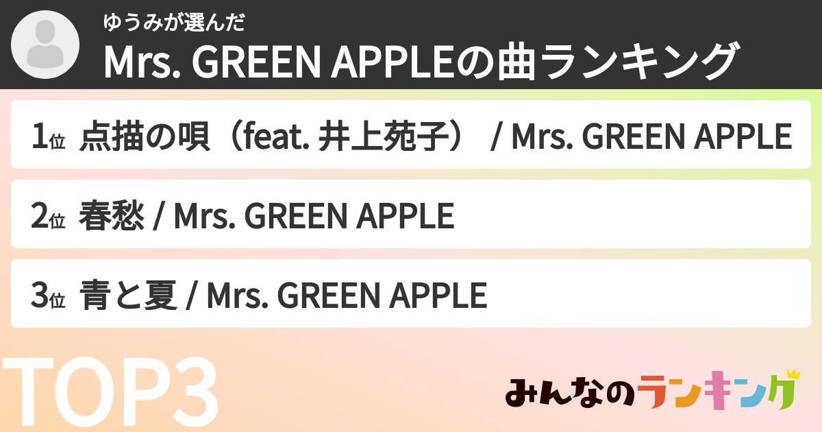 ゆうみさんの「Mrs. GREEN APPLEの曲ランキング」