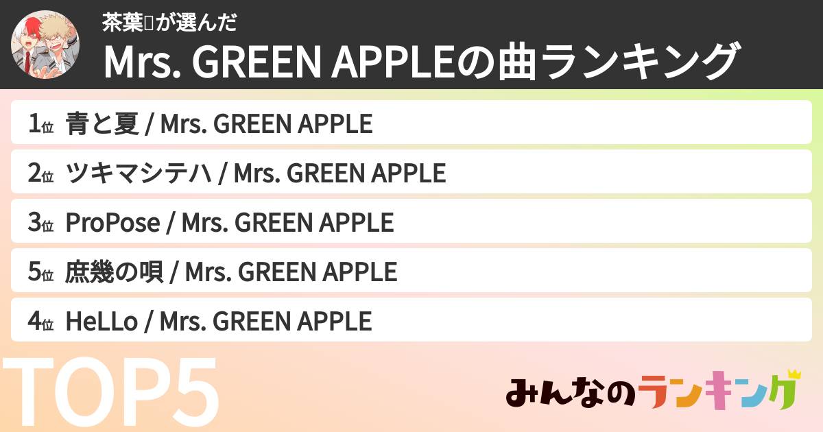 茶葉🍃さんの「Mrs. GREEN APPLEの曲ランキング」